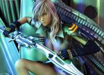  1girl blue_eyes breasts cleavage final_fantasy final_fantasy_xiii gloves highres holding_sword holding_weapon lightning_farron open_clothes open_shirt pink_hair rgbabes shirt solo 