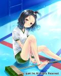  1girl barefoot between_legs blush cleaning_brush company_name empty_pool forehead gym_shorts gym_uniform hand_between_legs hanekoto polka_dot polka_dot_scrunchie pool_ladder scrunchie sitting solo topknot wavy_hair 