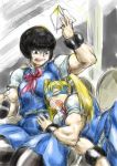  2girls alternate_costume black_hair black_legwear blonde_hair bob_cut closed_eyes drooling hey_(bluebell) long_hair multiple_girls muscle pantyhose rainbow_mika school_uniform short_hair sketch sleeping sleeping_on_person street_fighter twintails wrestling_mask yamato_nadeshiko_(street_fighter) 