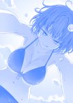  1girl :p bikini blurry breasts cleavage depth_of_field foreshortening from_below front-tie_top himura_kiseki large_breasts looking_at_viewer messy_hair monochrome navel outdoors short_hair sky solo swimsuit tongue tongue_out water_drop water_droplets 