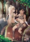  2girls ankle_wraps barefoot black_hair blonde_hair bodypaint cat eating elephant fish food food_on_face forest highres jewelry jungle long_hair miniskirt mmrailgun multiple_girls nature necklace original short_hair sitting skirt tan_skin tank_top tattoo torn_clothes tribal wrist_wraps 