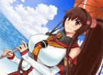  1girl brown_eyes brown_hair cherry_blossoms clouds desertwaters detached_sleeves flower hair_flower hair_ornament headgear kantai_collection long_hair ponytail sky smile umbrella very_long_hair yamato_(kantai_collection) 