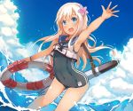  1girl arm_up armpits blonde_hair blue_eyes blush clouds covered_navel crop_top flower hair_flower hair_ornament kantai_collection leaning_forward lifebuoy long_hair open_mouth ro-500_(kantai_collection) school_swimsuit sky smile solo swimsuit tan tanline torpedo wading water waves waving 