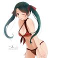  1girl ;p bikini black_hair breasts cleavage green_eyes halter_top halterneck highres kantai_collection mikuma_(kantai_collection) one_eye_closed red_bikini swimsuit tbd11 tongue tongue_out twintails 