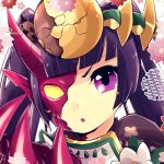  &gt;:o 1girl :o bangs blunt_bangs blush_stickers breastplate claws crack flower headpiece heterochromia horns long_hair open_mouth pikomarie pointy_ears purple_hair puzzle_&amp;_dragons solo violet_eyes yomi_(p&amp;d) 