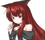  1girl :c animal_ears bare_shoulders blush_stickers brooch dress ganmaganmo imaizumi_kagerou jewelry long_hair looking_at_viewer off_shoulder playing_with_own_hair red_eyes redhead shy solo tears touhou wolf_ears 