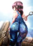  1girl ass bare_shoulders black_hair brown_eyes brown_hair dirty_clothes dirty_face from_behind light_particles light_rays long_hair looking_at_viewer naked_overalls original overalls saodake solo 