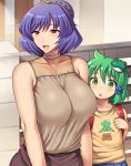  2girls alternate_costume alternate_hairstyle backpack bag blue_skirt blush breasts brown_shirt brown_skirt building child collarbone commentary_request contemporary frog_hair_ornament green_eyes green_hair hair_ornament inaho kochiya_sanae large_breasts lips long_skirt multiple_girls open_mouth outdoors pleated_skirt purple_hair red_eyes scrunchie shirt skirt t-shirt touhou yasaka_kanako young 