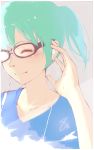  1girl aqua_hair bespectacled blue_shirt blush closed_eyes earphones glasses hatsune_miku head_tilt highres light_smile minamito shirt solo vocaloid 