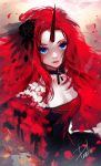  1girl blue_eyes choker danhu horn long_hair original personification pink_lips redhead signature solo 