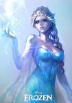  1girl bare_shoulders blonde_hair blue_eyes braid breasts cleavage elsa_(frozen) frozen_(disney) magic simple_background solo yang-do 