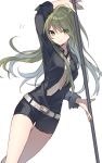  1girl angry bare_legs belt collared_shirt green_eyes green_hair hijiri_(resetter) long_hair necktie original shirt short_shorts shorts simple_background sleeves_rolled_up solo staff weapon white_background 