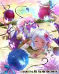  1girl all_fours company_name dark_skin demon_tail demon_wings detached_sleeves flower hair_flower hair_ornament hanekoto pointy_ears red_eyes shoes silver_hair solo tail thigh-highs top-down_bottom-up white_legwear wings 