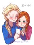  2girls a-ka anna_(frozen) cellphone elsa_(frozen) frozen_(disney) multiple_girls phone siblings sisters 