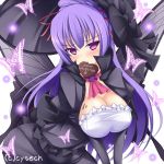  1girl black_dress blush bow breasts butterfly butterfly_wings chocolate cleavage dress hair_bow hair_ribbon happy_valentine hat high_collar large_breasts long_hair looking_at_viewer mikan_(5555) otome_tensei_grimoire_den purple_hair ribbon solo valentine violet_eyes wings 