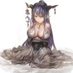  1girl aos_libido bandaged_arm black_hair breasts cleavage collarbone danua dress granblue_fantasy horn_ornament horns jewelry large_breasts long_hair necklace parted_lips pointy_ears red_eyes sitting solo wariza white_dress 
