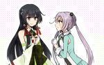  2girls akitsushima_(kantai_collection) annin_musou bangs blunt_bangs clenched_hands detached_sleeves kantai_collection looking_at_another mizuho_(kantai_collection) multiple_girls polka_dot polka_dot_background profile side_ponytail smile sweat trait_connection 