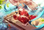  1girl aqua_eyes aqua_hair floating_hair flower hair_flower hair_ornament hatsune_miku japanese_clothes kimono long_hair nail_polish oriental_umbrella phino sandals solo squatting toenail_polish twintails umbrella very_long_hair vocaloid water 