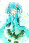  1girl aqua_hair blush closed_eyes cowboy_shot detached_sleeves hair_tousle hatsune_miku headset highres long_hair necktie open_mouth skirt solo thigh-highs twintails very_long_hair vocaloid 