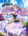  1girl ankle_lace-up blush bracelet braid brown_hair chain clouds cloudy_sky company_name cross-laced_footwear dress feathered_wings floating_island floating_rock grass hair_ornament hanekoto instrument jewelry leg_up long_hair open_mouth rock scarf sky solo tree violet_eyes wings 