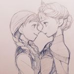  2girls a-ka anna_(frozen) braid elsa_(frozen) eye_contact face-to-face frozen_(disney) hair_up incest looking_at_another monochrome multiple_girls siblings sisters smile twin_braids upper_body yuri 