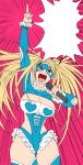  1girl absurdres arm_up blank_speech_bubble blonde_hair blue_eyes breasts cai-man cleavage emphasis_lines frills heart highres large_breasts long_hair microphone open_mouth pointing pointing_up rainbow_mika solo speech_bubble street_fighter street_fighter_v thick_thighs thigh_gap thighs twintails wrestling_mask wrestling_outfit 