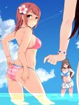  3girls absurdres black_hair breasts brown_hair character_request cleavage clouds copyright_request flower hair_flower hair_ornament highres imacchi large_breasts long_hair multiple_girls pink_hair red_eyes short_hair sideboob swimsuit wading 