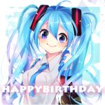  1girl ahoge blue_eyes blue_hair detached_sleeves happy_birthday hatsune_miku long_hair motsuni_(lxxe1120) necktie smile solo twintails vocaloid 