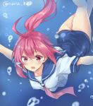  1girl :o ahoge bubble hair_ribbon i-168_(kantai_collection) kantai_collection maruki_(punchiki) ponytail red_eyes redhead ribbon sailor_collar school_swimsuit swimsuit swimsuit_under_clothes twitter_username underwater 