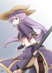  1girl absurdres boots borrowed_character elf fingerless_gloves gloves hat highres kaleina_(ricegnat) long_hair looking_back low-tied_long_hair midriff original pointy_ears pokke_(pokke-chan) purple_hair solo staff violet_eyes witch_hat 