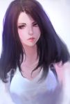  1girl black_hair breasts brown_eyes eyebrows eyelashes final_fantasy final_fantasy_vii highres large_breasts lips long_hair looking_at_viewer nguyen_uy_vu nose parted_lips realistic signature solo suspenders tifa_lockhart upper_body 
