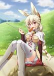  1girl 7nanappe animal_ears blonde_hair braid breasts carrot cleavage extra_ears food food_in_mouth hair_ornament highres large_breasts long_hair looking_at_viewer nashetania_loei_piena_augustra nature open_mouth panties pantyshot rabbit_ears red_eyes rokka_no_yuusha single_braid solo thigh-highs underwear 