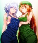  2girls alternate_costume beret blue_clothes blue_eyes braid breast_hold breasts from_below garden green_clothes hair_ribbon hat hong_meiling izayoi_sakuya large_breasts long_hair looking_at_viewer maid_headdress multiple_girls naked_overalls no_bra overalls pouty_lips red_eyes ribbon saodake short_hair sideboob silver_hair smile touhou tress_ribbon twin_braids 