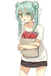  1girl :d apple aqua_eyes aqua_hair bag casual cowboy_shot crossed_arms double_bun food fruit hair_between_eyes hatsune_miku holding leaning_forward long_hair open_mouth saito_(pigrank) shopping_bag smile solo t-shirt twintails vocaloid white_background 