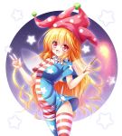  1girl adapted_costume american_flag_legwear american_flag_shirt clownpiece fairy_wings hat highres jester_cap long_hair open_mouth osashin_(osada) pink_eyes print_dress smile solo star thigh-highs torch touhou v very_long_hair wings zettai_ryouiki 