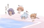  4girls :d ^_^ akatsuki_(kantai_collection) black_hair blue_eyes brown_eyes brown_hair chibi closed_eyes commentary_request fang folded_ponytail hibiki_(kantai_collection) ikazuchi_(kantai_collection) inazuma_(kantai_collection) kantai_collection kotanuki_329 long_hair multiple_girls nude open_mouth ponytail pool short_hair silver_hair smile tan translated younger 