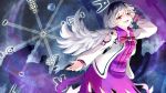  1girl commentary_request dress hand_in_hair highres jacket kishin_sagume legacy_of_lunatic_kingdom long_sleeves looking_at_viewer nama_shirasu open_clothes open_jacket open_mouth pink_dress pink_eyes short_hair silver_hair single_wing smile solo touhou wings 
