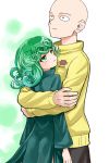  1boy 1girl bald dress green_eyes green_hair hug onepunch_man saitama_(onepunch_man) short_hair tatsumaki 