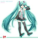  1girl 2015 aqua_eyes aqua_hair arm_up boots dated detached_sleeves full_body happy_birthday hatsune_miku headset high_heels highres long_hair necktie open_mouth skirt solo sudachi_(calendar) thigh-highs thigh_boots twintails very_long_hair vocaloid 