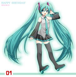  1girl 2015 aqua_eyes aqua_hair arm_up boots dated detached_sleeves full_body happy_birthday hatsune_miku headset high_heels highres long_hair necktie open_mouth skirt solo sudachi_(calendar) thigh-highs thigh_boots twintails very_long_hair vocaloid 