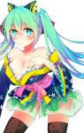  1girl blush breasts cleavage darcy green_eyes green_hair hatsune_miku highres long_hair magnet_(vocaloid) nail_polish project_diva simple_background solo tattoo thigh-highs twintails vocaloid white_background 