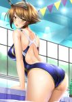  1girl ass back bare_shoulders blush breasts brown_eyes brown_hair competition_swimsuit from_behind hairband headgear kantai_collection looking_at_viewer looking_back mutsu_(kantai_collection) one-piece_swimsuit shibata_rai short_hair solo swimsuit wet 