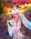  1girl :d blush brown_hair clouds cloudy_sky company_name flower grass hair_flower hair_ornament hanekoto japanese_clothes kimono lamp lens_flare long_hair low_twintails obi open_mouth sash sky smile solo stairs standing torii tree twilight twintails 