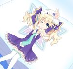  1girl absurdres blonde_hair blue_eyes blush book choujigen_game_neptune fairy_wings hands_above_head highres histoire long_hair looking_at_viewer lying neptune_(series) on_back wings リアン 