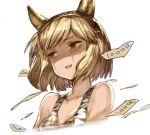  1girl :d bare_shoulders benitama blonde_hair breasts cleavage collarbone fake_horns gita_(granblue_fantasy) granblue_fantasy hairband horns money no_nose open_mouth short_hair simple_background smile solo upper_body white_background yellow_eyes zebra_print 