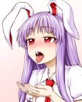  1girl animal_ears blush commentary_request highres itou_yuuji long_hair necktie open_mouth purple_hair rabbit_ears red_eyes reisen_udongein_inaba shirt solo sweat tongue tongue_out touhou upper_body white_shirt 