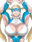  armpits arms_up blonde_hair breasts cleavage domino_mask highres large_breasts lips long_hair looking_at_viewer mask muscle rainbow_mika shiva_(johan-s) simple_background smile street_fighter street_fighter_v twintails white_background 