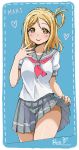  1girl :p blonde_hair blush cowboy_shot long_hair love_live!_school_idol_project love_live!_sunshine!! making_of oekaki ohara_mari one_side_up pas_(paxiti) pleated_skirt school_uniform serafuku skirt skirt_lift solo tongue tongue_out yellow_eyes 