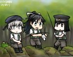  &gt;:d 3girls :d akitsu_maru_(kantai_collection) beret black_hair dated fishing fishing_rod gloves hair_ribbon hamu_koutarou hat kantai_collection katsuragi_(kantai_collection) long_hair multiple_girls open_mouth peaked_cap ponytail ribbon short_hair silver_hair smile translation_request vest z1_leberecht_maass_(kantai_collection) 