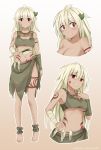 1girl ankle_wraps axe barefoot blonde_hair blush bodypaint character_sheet embarrassed facial_mark jewelry miniskirt mmrailgun necklace original red_eyes skirt tan_skin tank_top tattoo topless torn_clothes tribal weapon wrist_wraps 